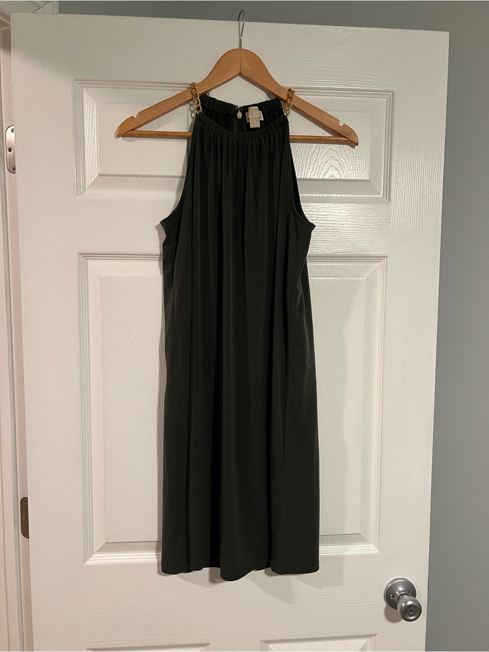 Michael Kors Olive Green Midi Halter Dress with Gold Chain Straps